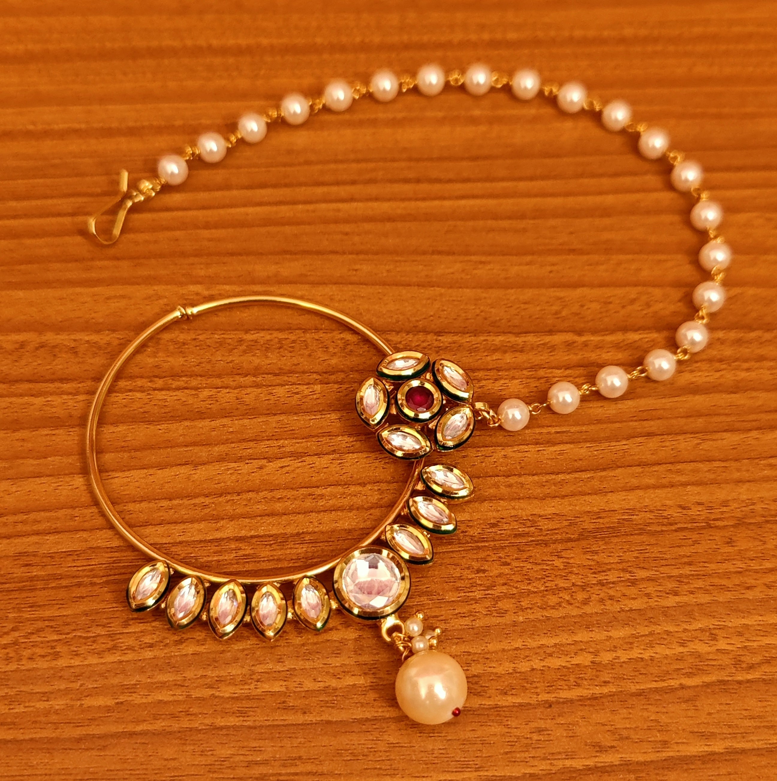 ZEVAR I Gold-Plated Kundan-Studded & Pearl Beaded Chained Nose Ring – Zevar